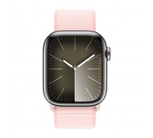 Apple Watch S9 41 мм с серебристым алюминиевым корпусом и светло-розовой спортивной петлёй