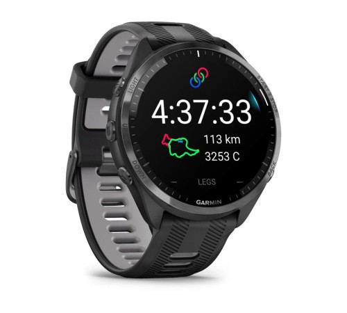 Умные часы Garmin Forerunner 965: карбоновый серый корпус с титановой окантовкой и силиконовым ремешком
