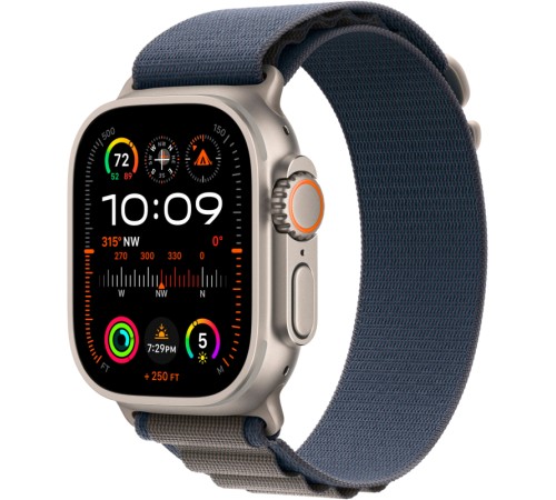 Умные часы Apple Watch Ultra 2 49 мм с титановым корпусом и ремешком Alpine Loop синего цвета (M) — стильный выбор для активных пользователей.