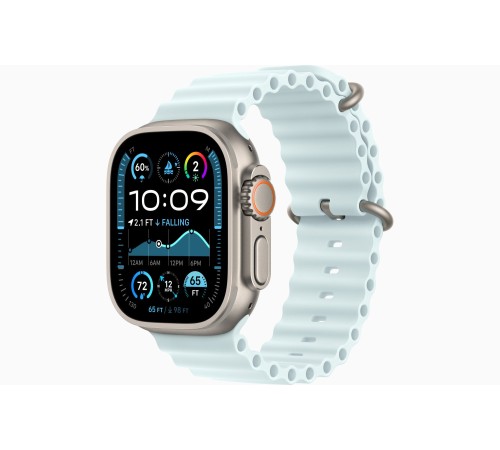 Apple Watch Ultra 2 (2024): умные часы с GPS и Cellular, корпус из бежевого титана, ремешок Ice Blue Ocean Band, 49 мм.