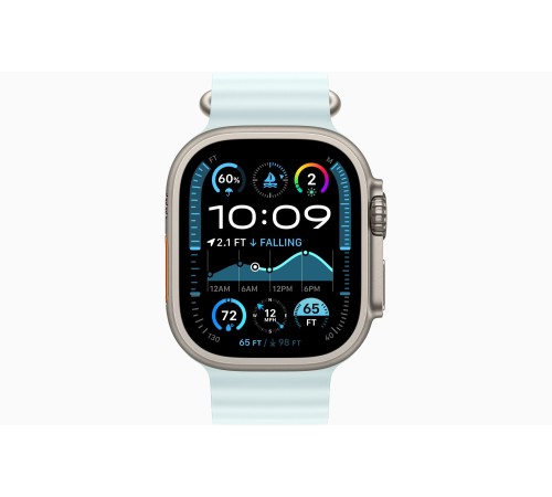 Apple Watch Ultra 2 (2024): умные часы с GPS и Cellular, корпус из бежевого титана, ремешок Ice Blue Ocean Band, 49 мм.