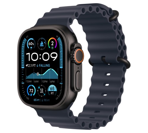 Apple Watch Ultra 2 (2024): умные часы с GPS и Cellular, корпус из чёрного титана, ремешок Ocean Band Navy US синего цвета, 49 мм.