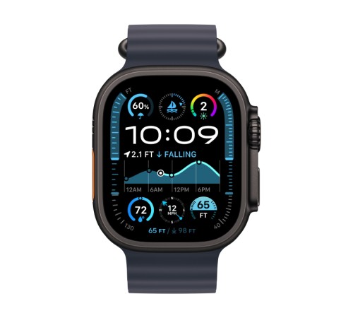 Apple Watch Ultra 2 (2024): умные часы с GPS и Cellular, корпус из чёрного титана, ремешок Ocean Band Navy US синего цвета, 49 мм.