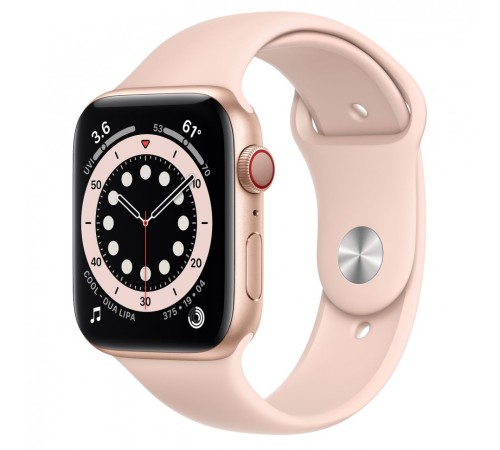 Золотые умные часы Apple Watch Series 6 44 мм с розовым спортивным ремешком