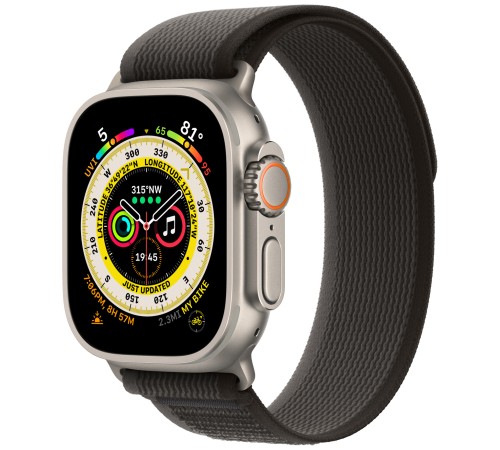 Умные часы Apple Watch Ultra 49 мм с титановым корпусом и черно-серым ремешком Trail Loop (S/M) — стиль и функциональность.