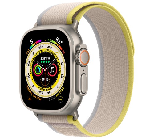 Умные часы Apple Watch Ultra 49 мм с титановым корпусом и желто-бежевым ремешком Trail Loop (S/M) — стильный выбор для активных пользователей.