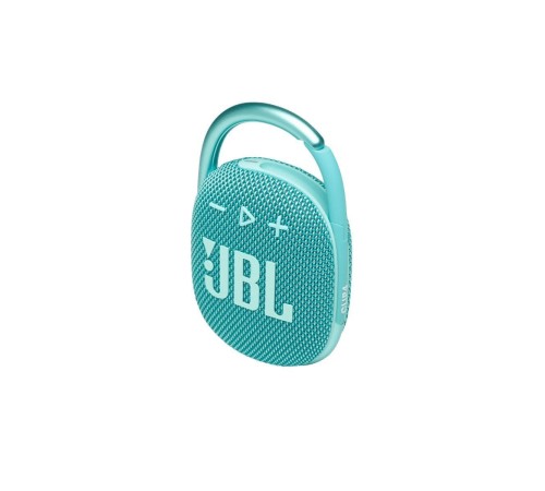 Портативная акустика JBL Clip 4 в бирюзовом цвете: мощный звук в компактном корпусе.