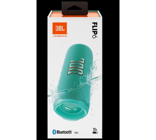 Портативная акустика JBL Flip 6, 30 Вт — насыщенный звук в бирюзовом дизайне.