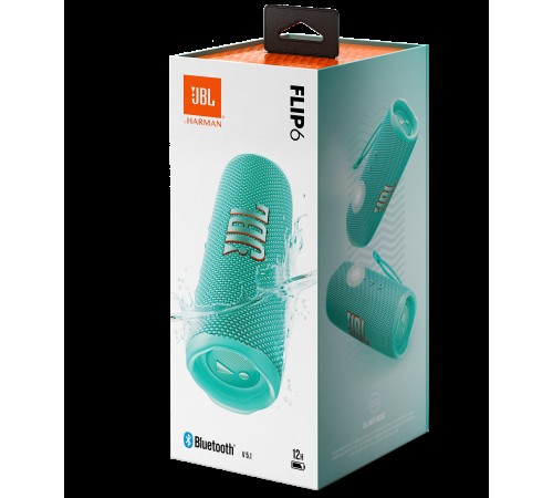 Портативная акустика JBL Flip 6, 30 Вт — насыщенный звук в бирюзовом дизайне.