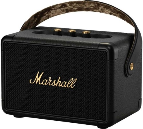 Портативная акустика Marshall Kilburn II в чёрном и латунном исполнении.