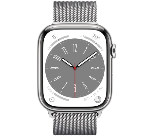Умные часы Apple Watch Series 8 45 мм с стальным корпусом и серебристым миланским браслетом