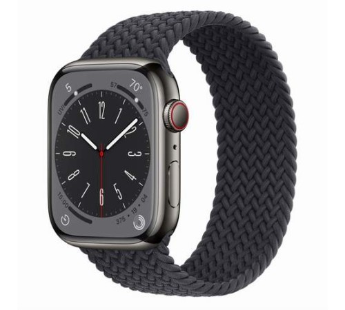 Умные часы Apple Watch Series 8 45 мм с чёрным стальным корпусом и плетёным ремешком Midnight Solo Loop 5 размера
