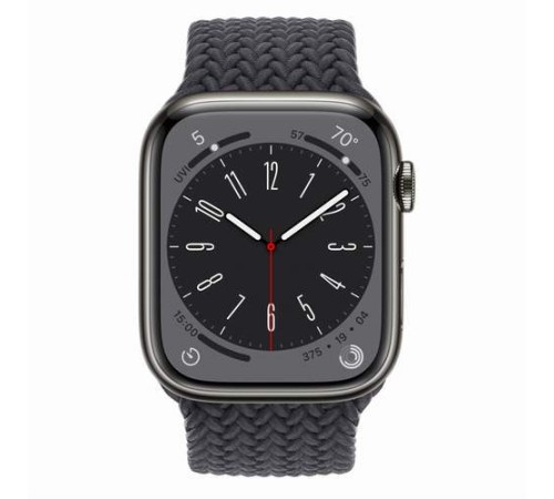 Умные часы Apple Watch Series 8 45 мм с чёрным стальным корпусом и плетёным ремешком Midnight Solo Loop 5 размера